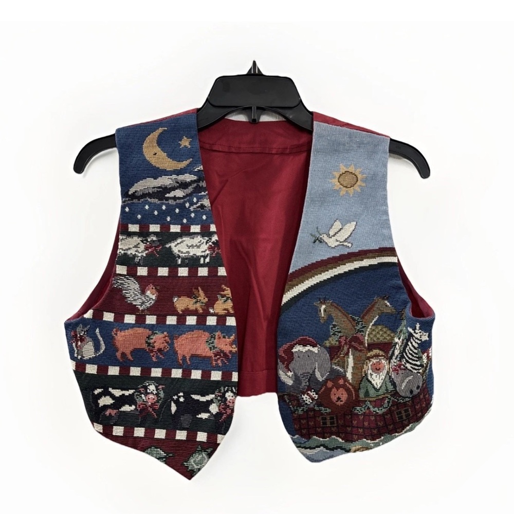VTG 90s Noah's Ark Tapestry Holiday Vest Womens XS/S Handmade Christian Animals